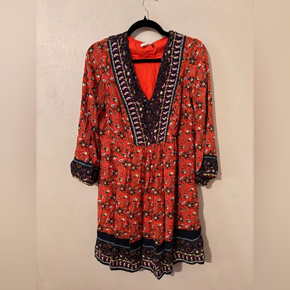 Anthropologie Vibrant Red and Black Long Sleeve Dress